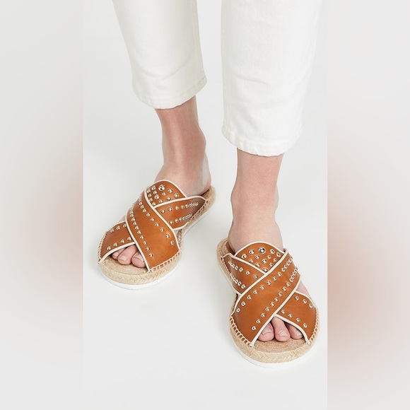 See By Chloe Shoes - See By Chloé Pia Studded Crisscross Leather Espadrille Slides in Tan